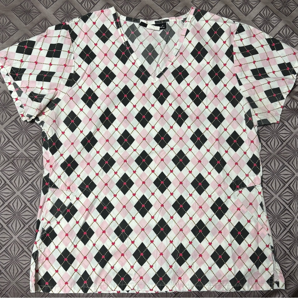 Pink and Black Argyle Scrubtop
